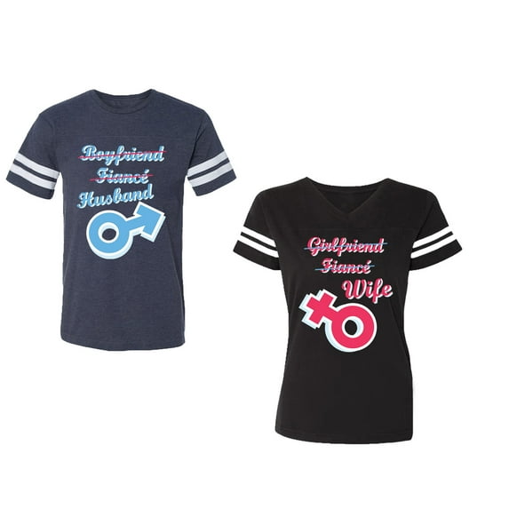 Boyfriend Girlfriend Fiance Husband Wife Unisex Couple Matching Cotton Jersey style T-Shirt Contrasting stripes on sleeves (Men Navy / Women Black) (Men XL / Women S)