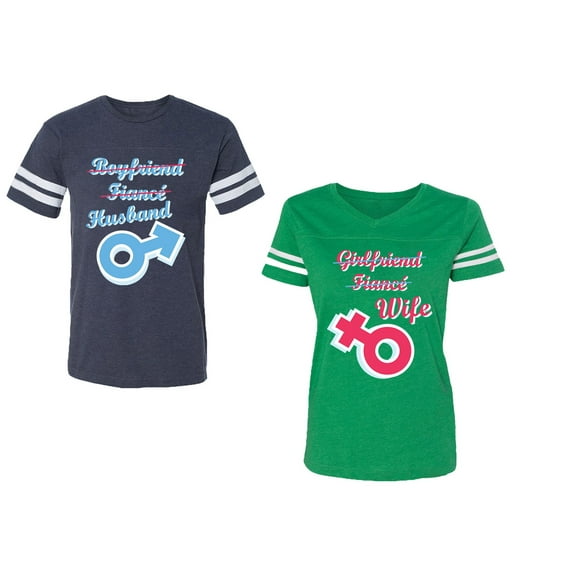 Boyfriend Girlfriend Fiance Husband Wife Unisex Couple Matching Cotton Jersey style T-Shirt Contrasting stripes on sleeves (Men Navy / Women Green) (Men L / Women XXL)