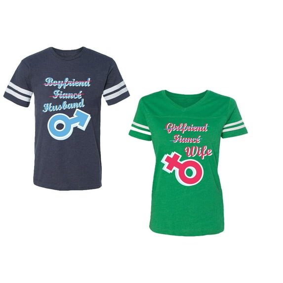 Boyfriend Girlfriend Fiance Husband Wife Unisex Couple Matching Cotton Jersey style T-Shirt Contrasting stripes on sleeves (Men Navy / Women Green) (Men S / Women M)