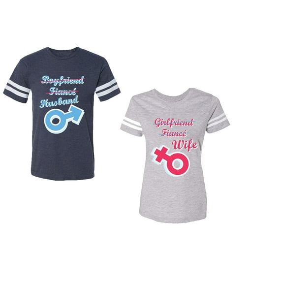 Boyfriend Girlfriend Fiance Husband Wife Unisex Couple Matching Cotton Jersey style T-Shirt Contrasting stripes on sleeves (Men Navy / Women Heather) (Men S / Women M)