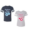 thumbnail image 1 of Boyfriend Girlfriend Fiance Husband Wife Unisex Couple Matching Cotton Jersey style T-Shirt Contrasting stripes on sleeves (Men Navy / Women Heather) (Men XL / Women L), 1 of 3