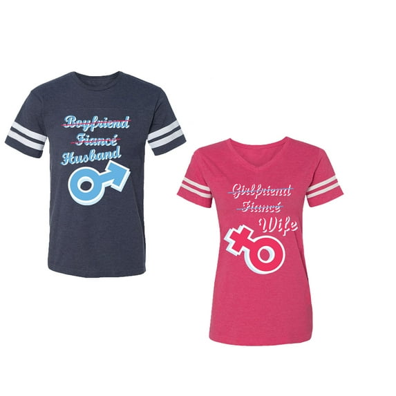 Boyfriend Girlfriend Fiance Husband Wife Unisex Couple Matching Cotton Jersey style T-Shirt Contrasting stripes on sleeves (Men Navy / Women Pink) (Men XXL / Women M)