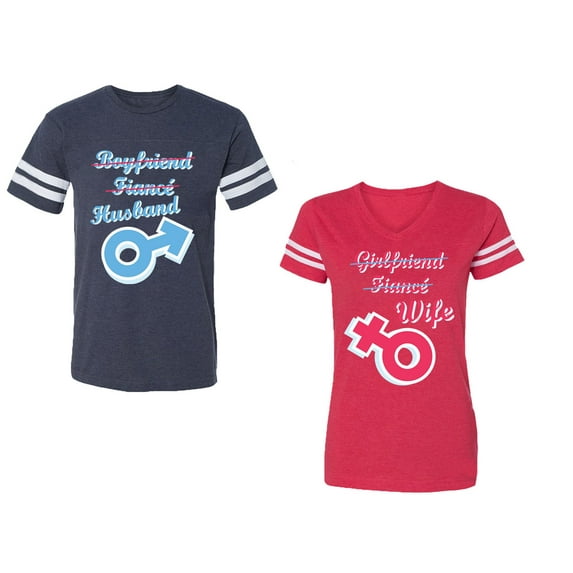 Boyfriend Girlfriend Fiance Husband Wife Unisex Couple Matching Cotton Jersey style T-Shirt Contrasting stripes on sleeves (Men Navy / Women Red) (Men S / Women XXL)