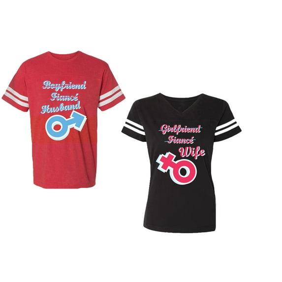 Boyfriend Girlfriend Fiance Husband Wife Unisex Couple Matching Cotton Jersey style T-Shirt Contrasting stripes on sleeves (Men Red / Women Black) (Men XXL / Women S)