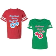 Boyfriend Girlfriend Fiance Husband Wife Unisex Couple Matching Cotton Jersey style T-Shirt Contrasting stripes on sleeves Men Red / Women Green Men L / Women XL