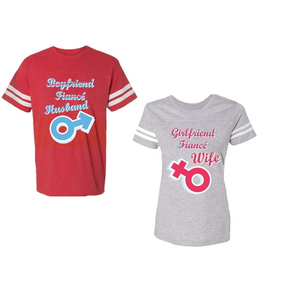 Boyfriend Girlfriend Fiance Husband Wife Unisex Couple Matching Cotton Jersey style T-Shirt Contrasting stripes on sleeves (Men Red / Women Heather) (Men M / Women M)