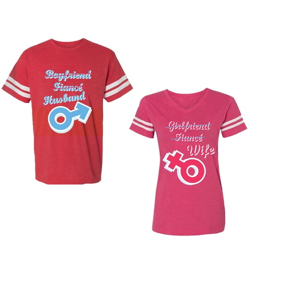 Boyfriend Girlfriend Fiance Husband Wife Unisex Couple Matching Cotton Jersey style T-Shirt Contrasting stripes on sleeves (Men Red / Women Pink) (Men S / Women S)