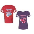 thumbnail image 1 of Boyfriend Girlfriend Fiance Husband Wife Unisex Couple Matching Cotton Jersey style T-Shirt Contrasting stripes on sleeves (Men Red / Women Purple) (Men S / Women L), 1 of 3