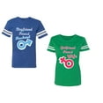 thumbnail image 1 of Boyfriend Girlfriend Fiance Husband Wife Unisex Couple Matching Cotton Jersey style T-Shirt Contrasting stripes on sleeves (Men Royal / Women Green) (Men L / Women L), 1 of 3