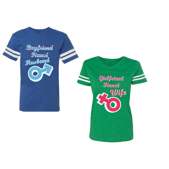Boyfriend Girlfriend Fiance Husband Wife Unisex Couple Matching Cotton Jersey style T-Shirt Contrasting stripes on sleeves (Men Royal / Women Green) (Men L / Women L)