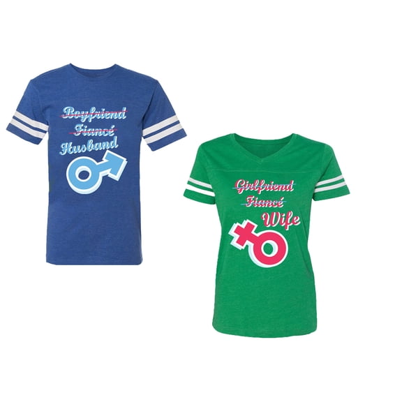 Boyfriend Girlfriend Fiance Husband Wife Unisex Couple Matching Cotton Jersey style T-Shirt Contrasting stripes on sleeves (Men Royal / Women Green) (Men S / Women S)
