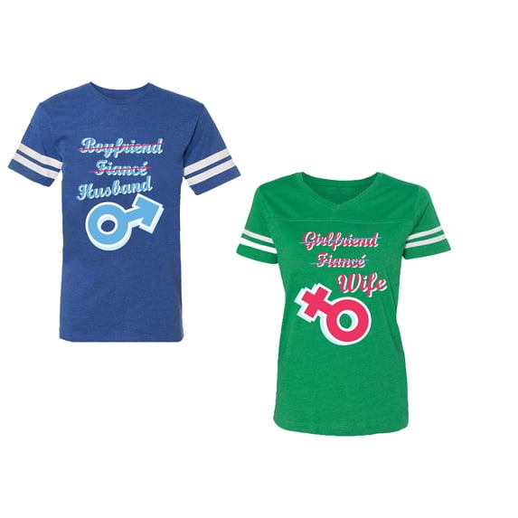 Boyfriend Girlfriend Fiance Husband Wife Unisex Couple Matching Cotton Jersey style T-Shirt Contrasting stripes on sleeves (Men Royal / Women Green) (Men XXL / Women L)