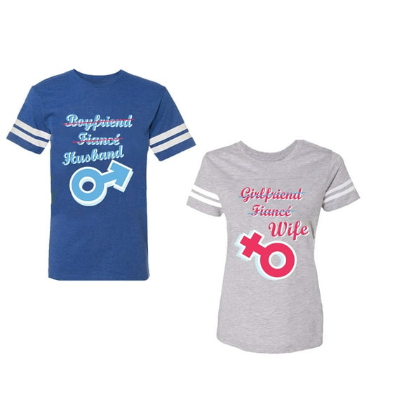Boyfriend Girlfriend Fiance Husband Wife Unisex Couple Matching Cotton Jersey style T-Shirt Contrasting stripes on sleeves (Men Royal / Women Heather) (Men M / Women XL)