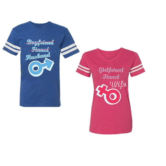 Boyfriend Girlfriend Fiance Husband Wife Unisex Couple Matching Cotton Jersey style T-Shirt Contrasting stripes on sleeves (Men Royal / Women Pink) (Men S / Women M)