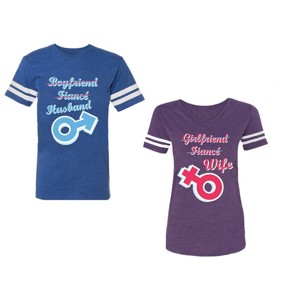 Boyfriend Girlfriend Fiance Husband Wife Unisex Couple Matching Cotton Jersey style T-Shirt Contrasting stripes on sleeves (Men Royal / Women Purple) (Men S / Women XXL)