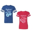 thumbnail image 1 of Boyfriend Girlfriend Fiance Husband Wife Unisex Couple Matching Cotton Jersey style T-Shirt Contrasting stripes on sleeves (Men Royal / Women Red) (Men XXL / Women S), 1 of 3
