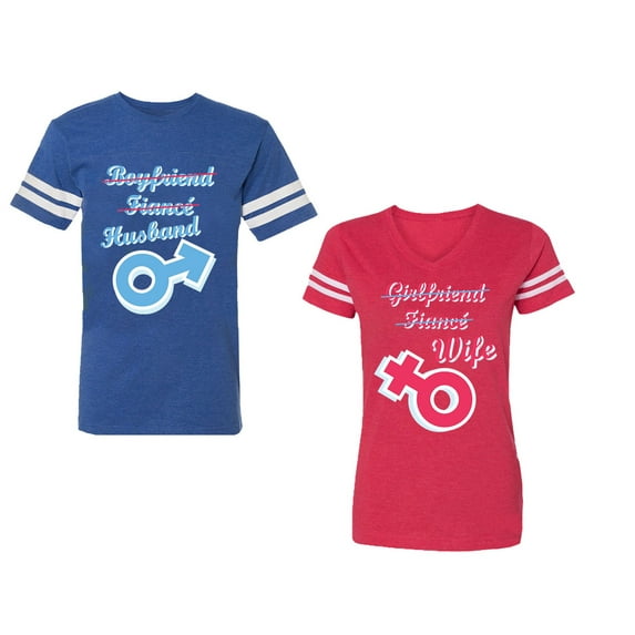 Boyfriend Girlfriend Fiance Husband Wife Unisex Couple Matching Cotton Jersey style T-Shirt Contrasting stripes on sleeves (Men Royal / Women Red) (Men XXL / Women S)