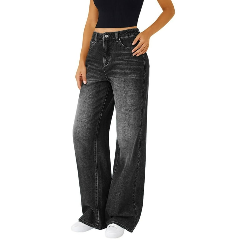 Women's High Waisted Wide Leg Jeans - Stretchy Elastic Waist Boyfriend Denim Pants