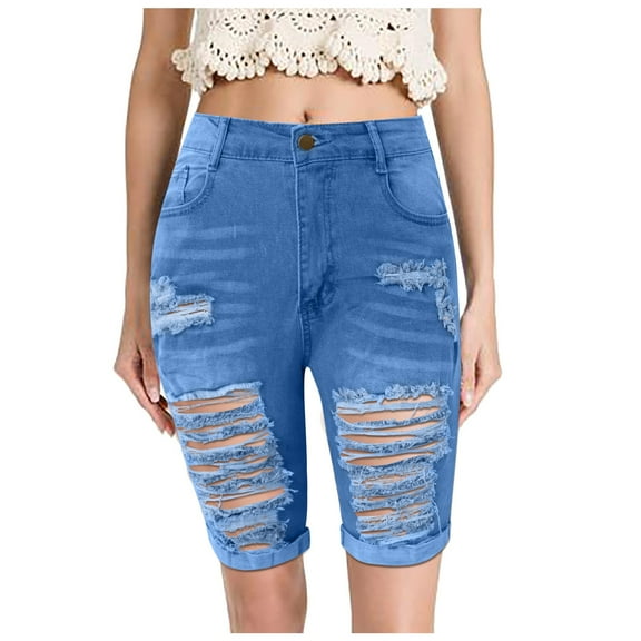 Boyfriend Jeans for Women Casual Fashion Holes Pocket Elastic Ripped Denim Shorts Women Pants Light Blue XXXL