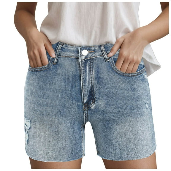 Boyfriend Jeans for Women Casual Slim Fit Versatile Skinny Pockets Ripped Denim Shorts Womens Pants Blue L