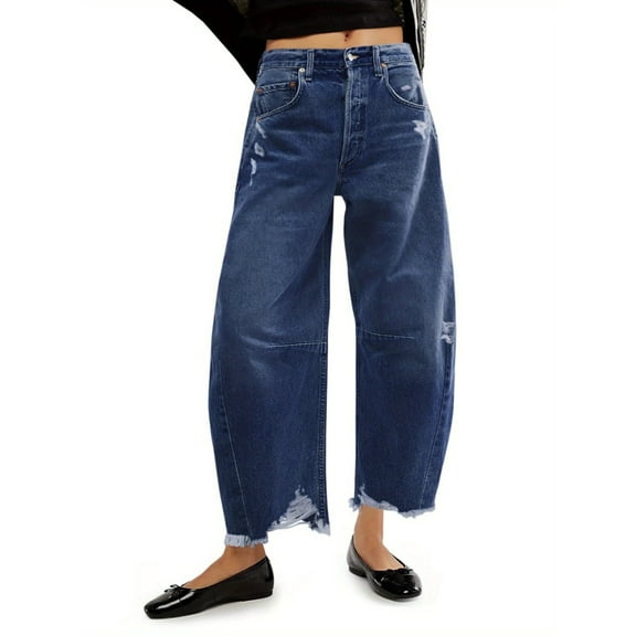 Women Barrel Leg Casual Jeans Loose Copped Ripped Denim Pants