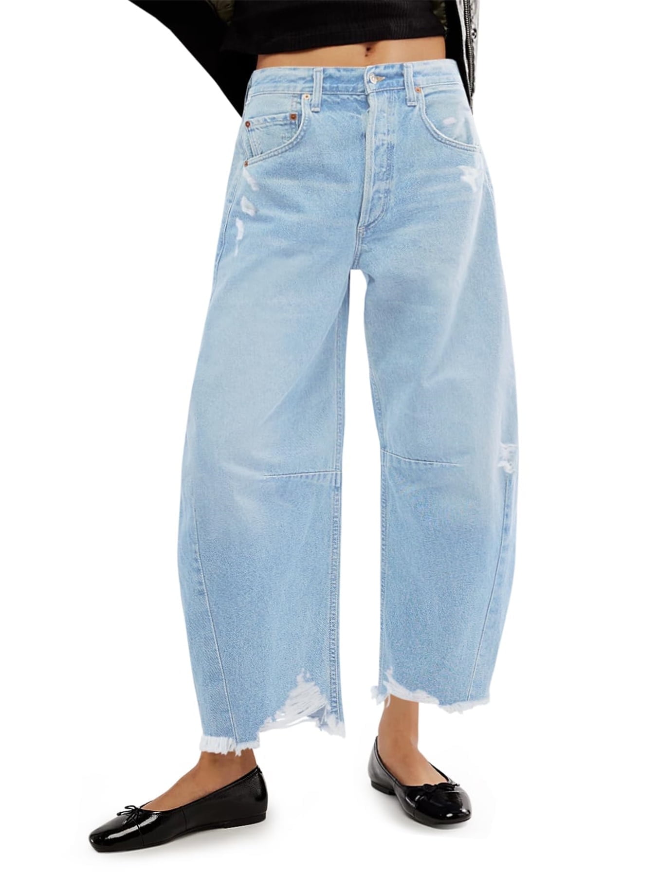 Women Barrel Leg Casual Jeans Loose Copped Ripped Denim Pants