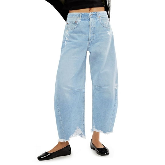 Women Barrel Leg Casual Jeans Loose Copped Ripped Denim Pants