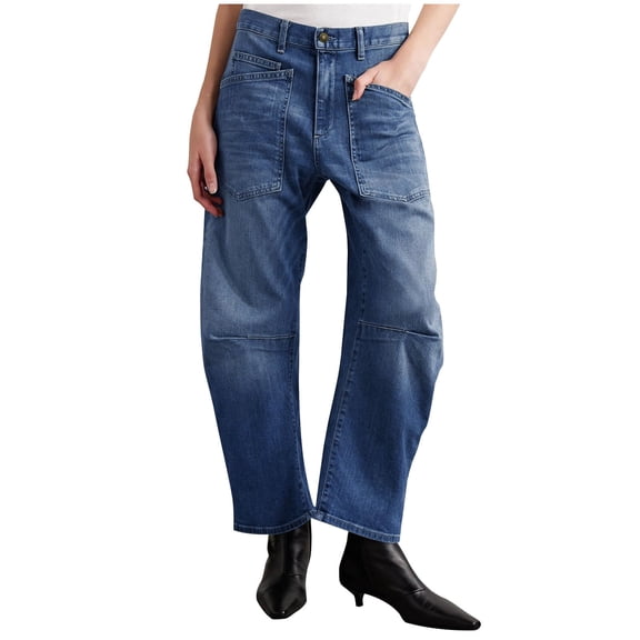 Boyfriends Jeans for lady Womens Barrel Jeans Mid Waisted Wide Leg Vintage Jean Pants Loose Baggy Denim Trouser with Pockets Blue L