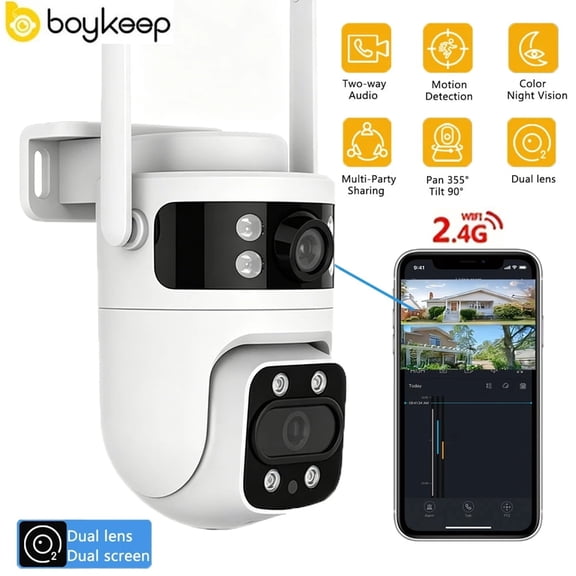 Boykeep Dual Lens WiFi Smart Security Camera, 1080P PTZ Home Camera with Color Night Vision & 2-Way Audio