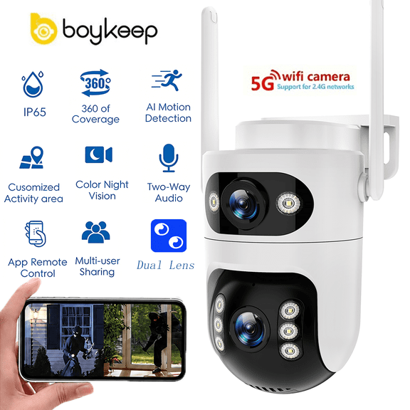 Boykeep Y110 Dual Lens 2K Security Camera, Full-Scene Coverage, Night Vision, Two-Way Audio, Dual-Band WiFi, Cloud & Local Storage