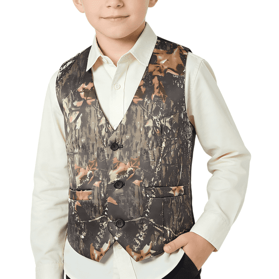 Boys 1 Piece 3 Button Brown Woodland Camo Vest Sleeveless Casual Waistcoat for Outdoor Daily Wear and Fashion Outerwear
