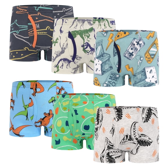 Boys 100% Cotton Boxer Briefs,Toddler Kids Soft Underwear Dinosaur Shark Truck Patterns Briefs 6-Pack Aged 2-8 Years