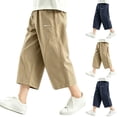 thumbnail image 1 of Boys 100% Cotton Cargo Capri Pants 5-14 Years with Muti Pockets Wide Leg Loose Elastic Waist Drawstring Shorts Sweatpants Khaki, 1 of 9