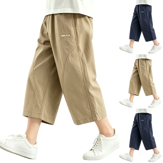 Boys 100% Cotton Cargo Capri Pants 5-14 Years with Muti Pockets Wide Leg Loose Elastic Waist Drawstring Shorts Sweatpants Khaki