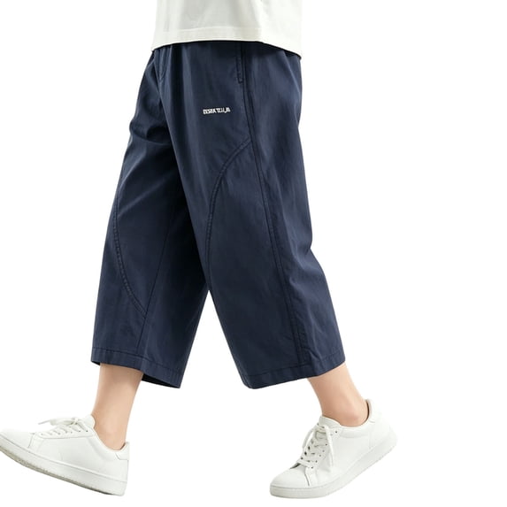 Boys 100% Cotton Cargo Capri Pants 5-14 Years with Muti Pockets Wide Leg Loose Elastic Waist Drawstring Shorts Sweatpants Navy