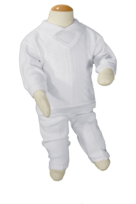 Boys 100% Cotton Knit Two Piece White Christening Baptism Outfit (Baby)