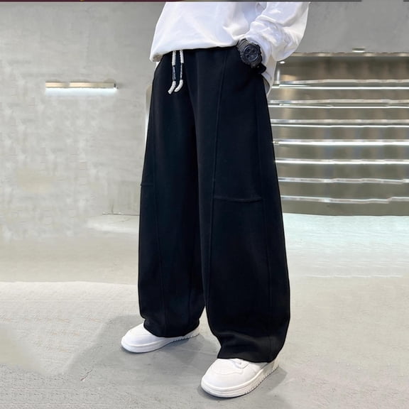 Boys 100% Cotton Oversized Pants - Loose Fit with Adjustable Drawstring, Black for Kids 8-16,Size 4-5T