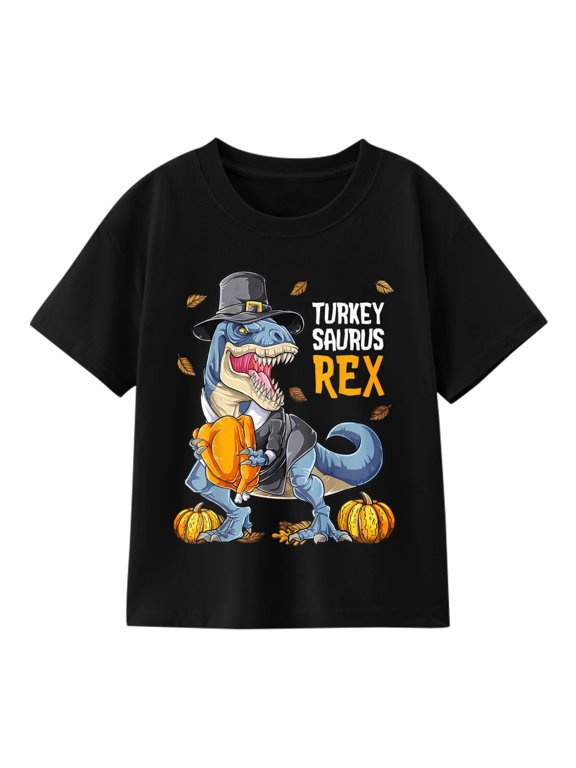 Boys' 100% Cotton Thanksgiving Dinosaur Turkey Graphic T-Shirt, Turkey Saurus Rex Short Sleeve Top