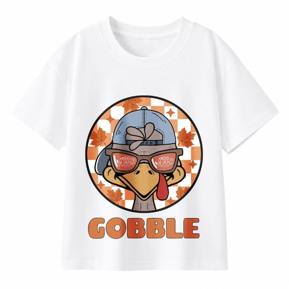 Boys' 100% Cotton Thanksgiving Football Turkey Graphic T-Shirt, Gobble Short Sleeve Top