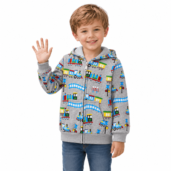Little Boys 100% Cotton Train Zip Hoodie Gray Long Sleeve Jacket, Casual Kids Sweatshirt, 2T
