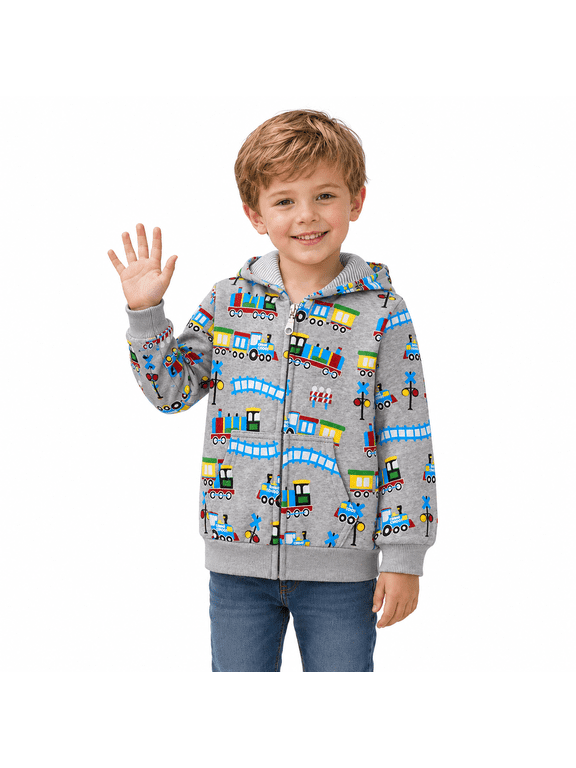 Little Boys 100% Cotton Train Zip Hoodie Gray Long Sleeve Jacket, Casual Kids Sweatshirt, 4T