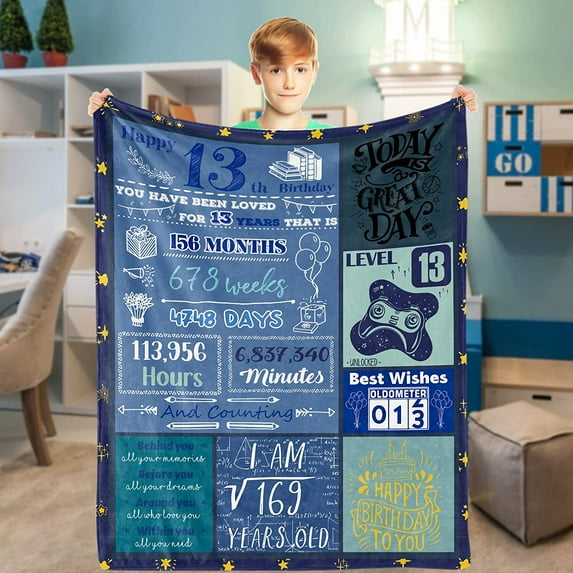 Boys 12th Birthday Gifts Ideas, Blue Happy 12th Birthday Blanket for Boys Girls, 12 Years Old Flannel Fleece Throw Blanket, Twelfth Birthday Gifts Ideas Decor for Teen Son Grandson Nephew, 55x70 Inch