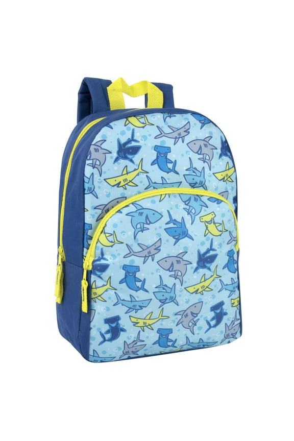 15 Inch Fun Printed Backpack with Front Zippered Pockets in Smiling Sharks