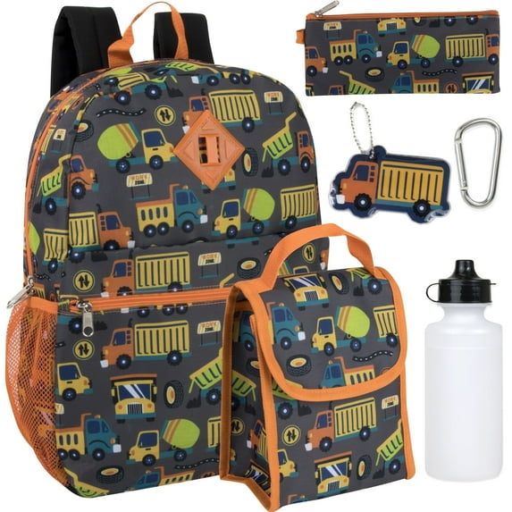 6 in 1 Backpack with Matching Lunch Bag, Pencil Case, Water Bottle, Keychain & Accessories in Construction Trucks Print