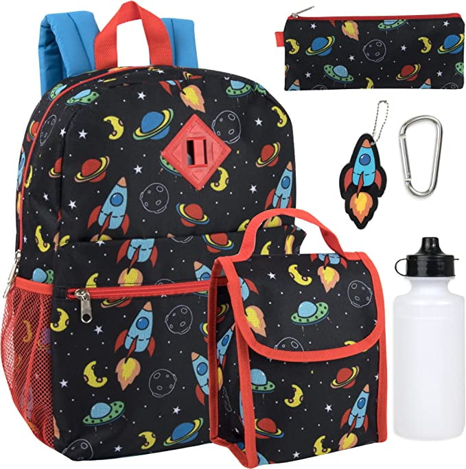 Boys 16"L 6 in 1 Backpack with Matching Lunch Bag, Pencil Case, Water