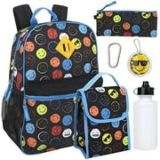 Boys 16"L 6 in 1 Backpack with Matching Lunch Bag, Pencil Case, Water Bottle, Keychain & Accessories for School, Camp, Commuting and Travel in Silly Smileys