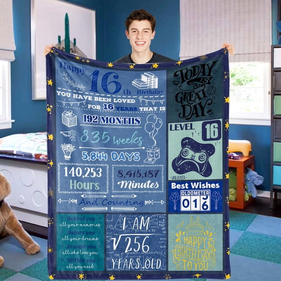 Boys 16th Birthday Gift Ideas, Blue Happy 16th Birthday Blanket for Boys Girls, 16 Years Old Flannel Fleece Throw Blanket, Sixteenth Birthday Gifts Ideas Decor for Teen Son Grandson Nephew,(50"x60")