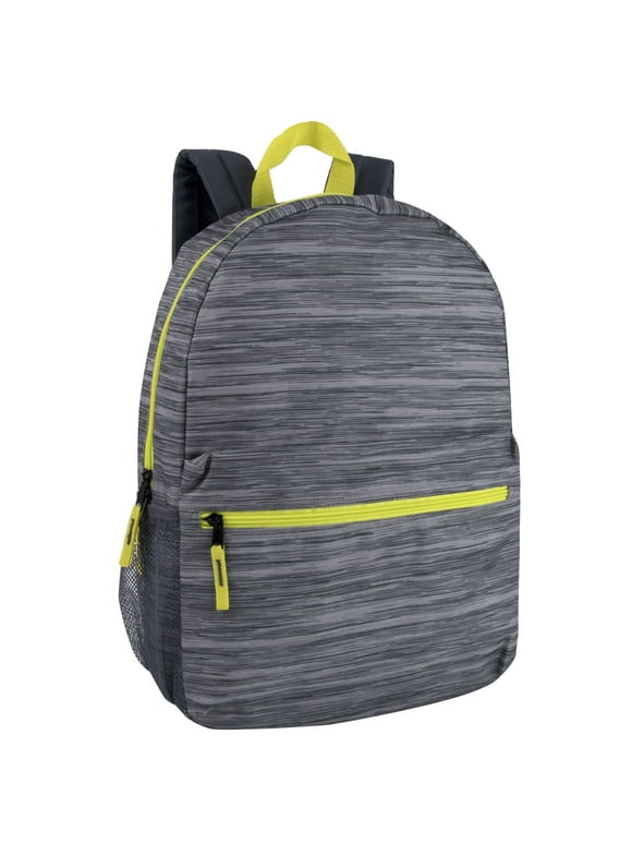 17 Inch Backpack with Front Zippered Pocket and Side Mesh Pockets for Travel and Commute in Heather Gray with Neon Green Zippers