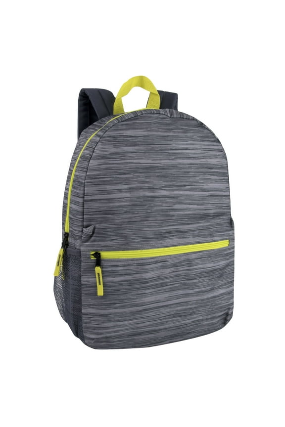 17 Inch Backpack with Front Zippered Pocket and Side Mesh Pockets for Travel and Commute in Heather Gray with Neon Green Zippers