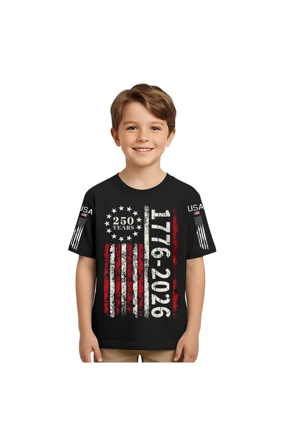 Boys’ 1776-2026 Distressed Flag T-Shirt, Independence Day Patriotic Kids Short Sleeve Tee